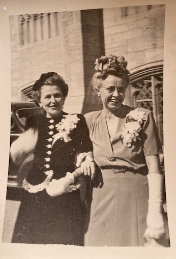 Pam's grandmothers dressed up with flower corsages
